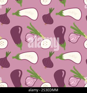 Seamless pattern with eggplants and onions on a purple background. Stock Vector