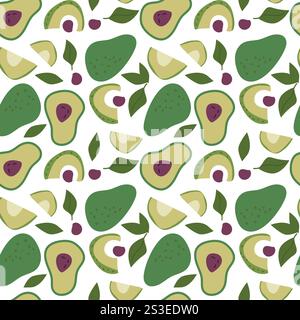 Seamless pattern of avocados and leaves on white background. Stock Vector