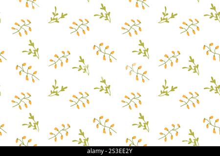Seamless pattern of minimalist green branches with yellow berries. Stock Vector