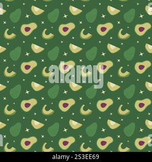 Avocado and lime seamless pattern on green background. Stock Vector