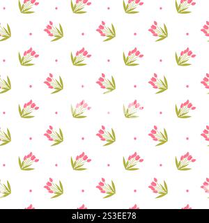 Seamless pattern with pink tulips and green leaves on white background. Stock Vector