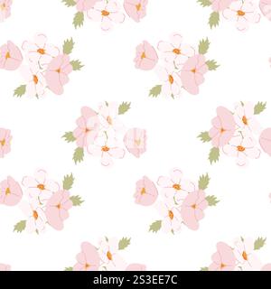 Seamless pattern of delicate pink flowers with green leaves on white background. Stock Vector