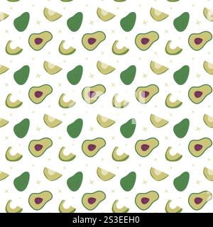 Seamless avocado pattern with halves and slices on white background. Stock Vector