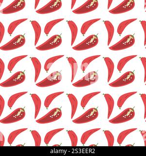 Seamless pattern with red chili peppers on white background. Stock Vector