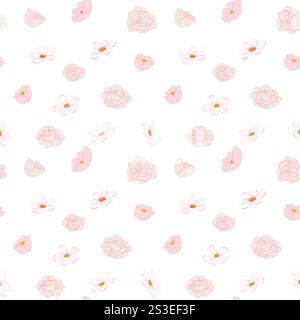 Pink floral pattern with roses and blossoms on white background. Stock Vector