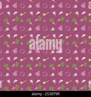 Colorful vegetable pattern with radishes, beets, garlic, and peas on pink background. Stock Vector