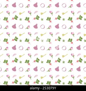 Seamless pattern with garlic cloves and basil leaves on white background. Stock Vector