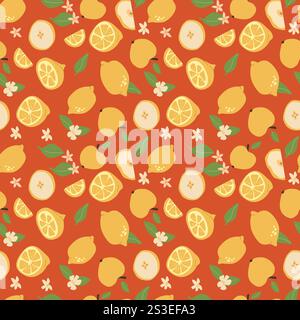 Vibrant lemon and orange fruit pattern with leaves on red background. Stock Vector