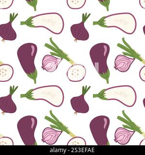 Seamless pattern of eggplants and onions with green stems on white background. Stock Vector