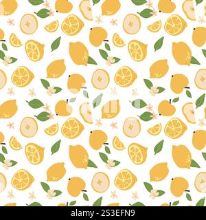 Citrus lemon pattern with leaves and flowers on white background. Stock Vector