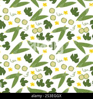 Seamless pattern with green cucumbers and yellow flowers. Stock Vector