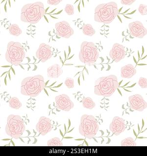 Soft pink roses and green leafy pattern on a white background. Stock Vector