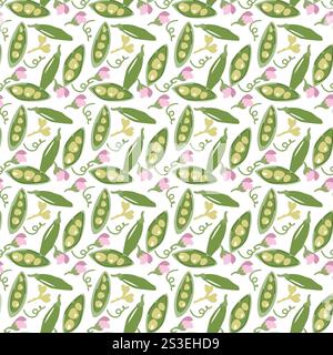 Green pea and pink flower pattern with leaves on white background. Stock Vector