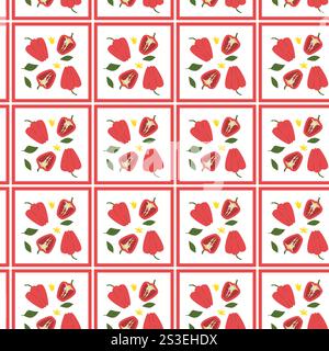 Repeating pattern of red peppers and green leaves with crown icons. Stock Vector