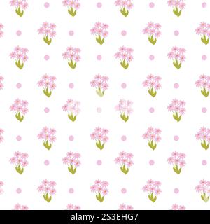 Seamless pink floral pattern with delicate bouquets and polka dots on white background. Stock Vector