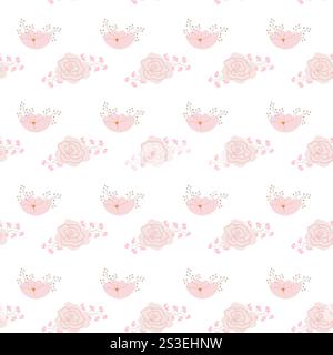 Seamless pink floral pattern with hearts and roses on white background. Stock Vector