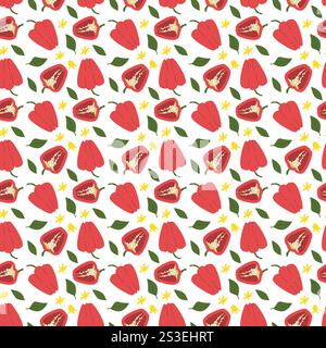 Seamless pattern of red bell peppers and green leaves on white background. Stock Vector