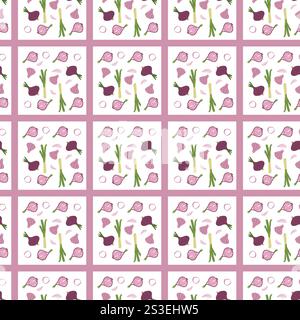 Seamless pattern of pink and green floral motifs on white grid background. Stock Vector