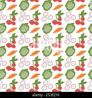 Colorful vegetable pattern with tomatoes, cabbages, carrots, and cucumbers. Stock Vector