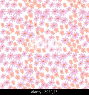 Seamless floral pattern with pink and purple flowers on white background. Stock Vector