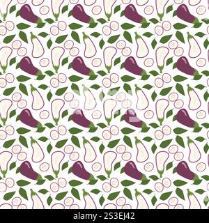 Eggplant and fig pattern with leaves in a seamless design. Stock Vector
