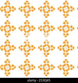 Seamless geometric pattern with orange flowers on white background. Stock Vector