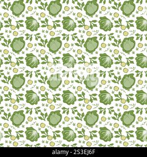 Green cabbage and zucchini seamless pattern on white background. Stock Vector