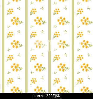 Bright yellow floral pattern with green stripes on white background. Stock Vector