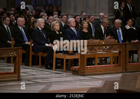 Washington, United States. 09th Jan, 2025. Former President Bill Clinton, former Secretary of State Hillary Clinton, former President George W. Bush, former First Lady Laura Bush, former President Barack Obama, President-elect Donald Trump and his wife Melania Trump attend state funeral services for former President Jimmy Carter at the National Cathedral in Washington DC on Thursday, January 9, 2025. Pool photo by Ricky Carioti/UPI Credit: UPI/Alamy Live News Stock Photo