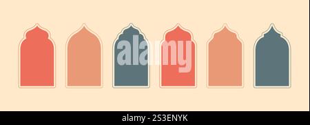 Islamic window frames and arches in flat style. Arabic muslim oriental and boho design. Vector illustration Stock Vector