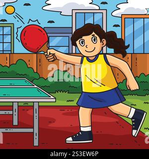 Female Table Tennis Player Hitting a Ball Colored  Stock Vector