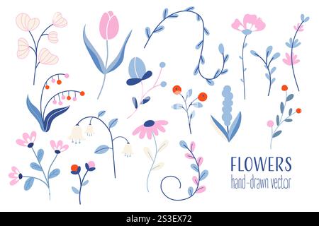 Floral elements in a vibrant design featuring various types of flowers and leaves on a white background Stock Vector