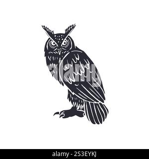 Hand drawn black and white line art eagle-owl standing isolated on white background Stock Vector