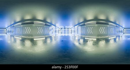 Futuristic room virtual reality map. Full seamless spherical hdri panorama 360 degrees in the interior of a dark garage, warehouse, corridor. Interior Stock Photo