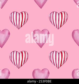 Charming pattern of striped pink hearts, arranged in a repeating design. Watercolor technique enhances the gentle and romantic feel, for Valentine Day Stock Photo