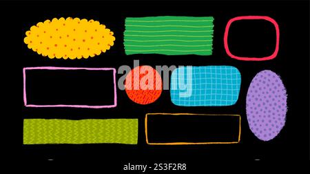 Simple shape stickers and frames with various patterns in rough rustic style. Hand drawn vintage badges, banners and other forms with textures and Stock Vector