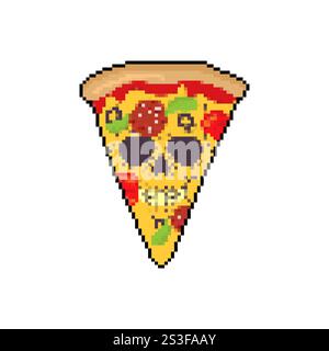 Skull pizza pixel art. 8 bit Skeleton head pizza slice. Stock Vector