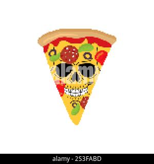 Skull pizza pixel art. 8 bit Skeleton head pizza slice. Stock Vector