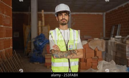 Young man with beard wearing safety vest and hard hat stands with crossed arms at a construction site with building materials around. Stock Photo