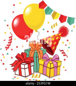 Happy birthday greeting card template with balloons, decor, tinsel, streamers, party popper, birthday cap and gift boxes. Vector on transparent backgr Stock Vector