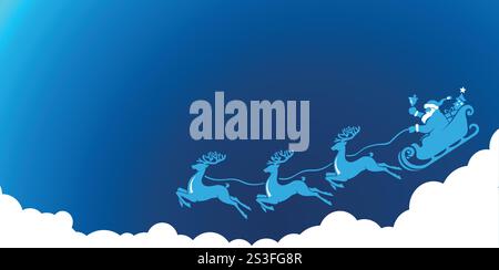 Santa sleigh silhouette in blue sky with clouds. Santa Claus flies through the sky in sleigh pulled by reindeer and rings bell. Christmas vector backg Stock Vector