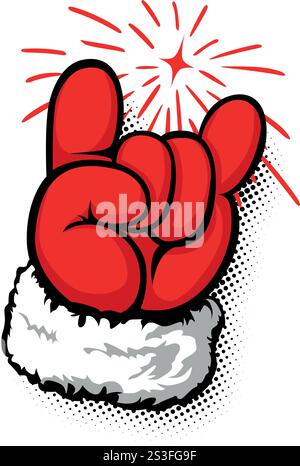 Santa Claus hand shows rock and roll sign ob fireworks backdrop. Design element for poster, card, banner. Vector on transparent background Stock Vector