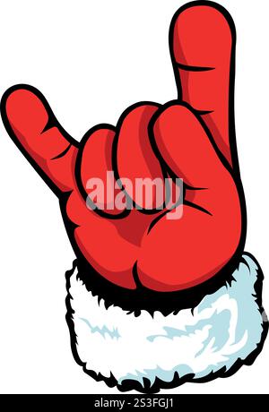 Santa Claus hand showing rock and roll goat sign. Christmas poster template design, concert poster or greeting card. Vector on transparent background Stock Vector