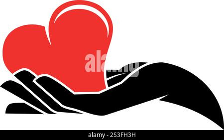 Human hand holds red heart in its palm. Vector icon on transparent background Stock Vector