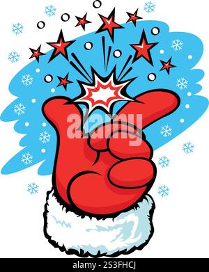 Hand of Santa Claus in red glove makes a magic snap of his fingers. Christmas magic, festive mood. Vector on transparent background Stock Vector