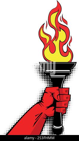 Red hand with flaming torch. Victory, sport and honor concept template in comic style. Vector on transparent background Stock Vector