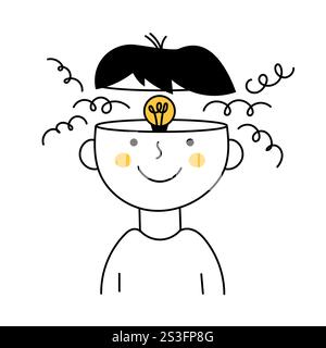 Think outside the box, light bulb in a head. Success leader and concept creativity brainstorming. Outline vector illustration on white Stock Vector