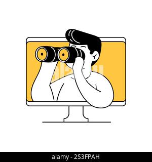 Discovery and looking forward with binoculars. Cartoon People observe internet and forecasting mission. Identification, surveillance technology Stock Vector