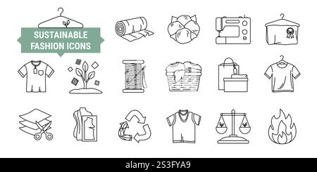 Set of circular fashion economy icons. Product life cycle from raw material to production, consumption, reuse, upcycling, downcycling and recycling. S Stock Vector