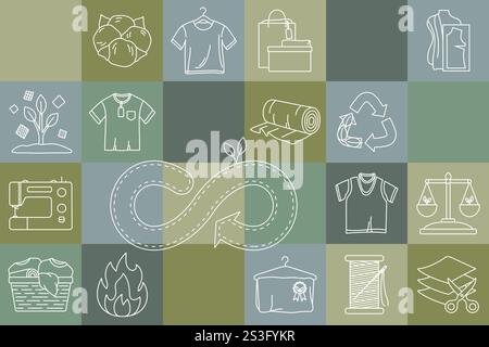 Circular fashion economy concept. Banner with icons representing sustainable practices like responsible consumption, reuse, repair, thrift. Sustainabl Stock Vector